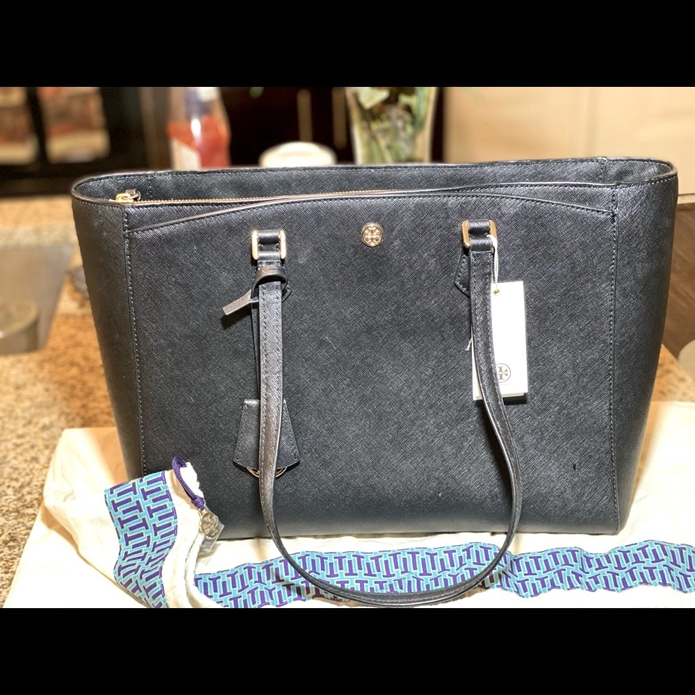 Black Tory Burch Robinson Saffiano Leather Tote / Purse